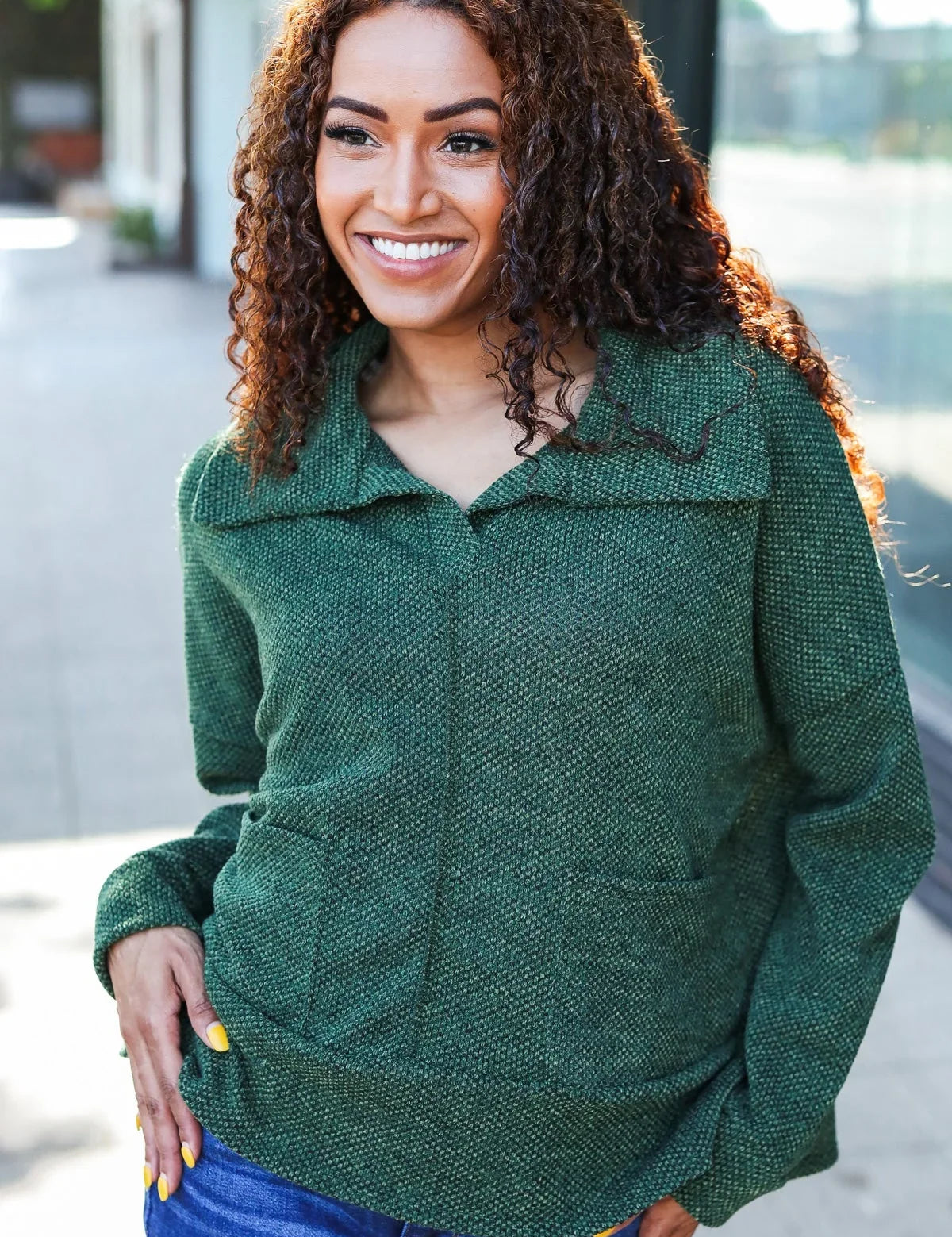 Easy Living Olive Textured Knit Notch Neck Oversized Collar Sweater | Daverri Fashions