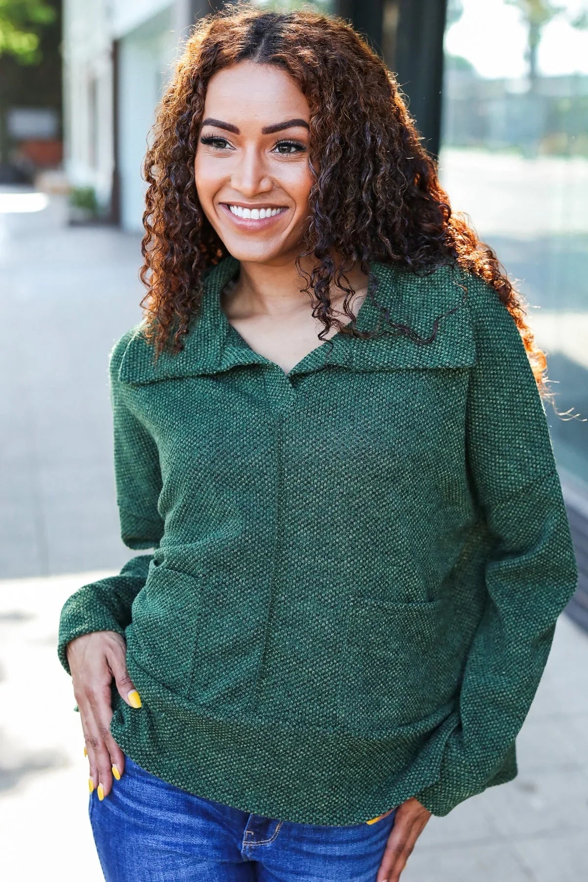 Easy Living Olive Textured Knit Notch Neck Oversized Collar Sweater | Daverri Fashions