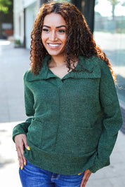 Easy Living Olive Textured Knit Notch Neck Oversized Collar Sweater | Daverri Fashions