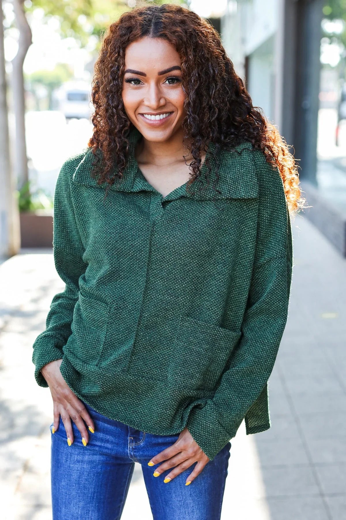 Easy Living Olive Textured Knit Notch Neck Oversized Collar Sweater | Daverri Fashions