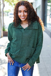 Easy Living Olive Textured Knit Notch Neck Oversized Collar Sweater | Daverri Fashions