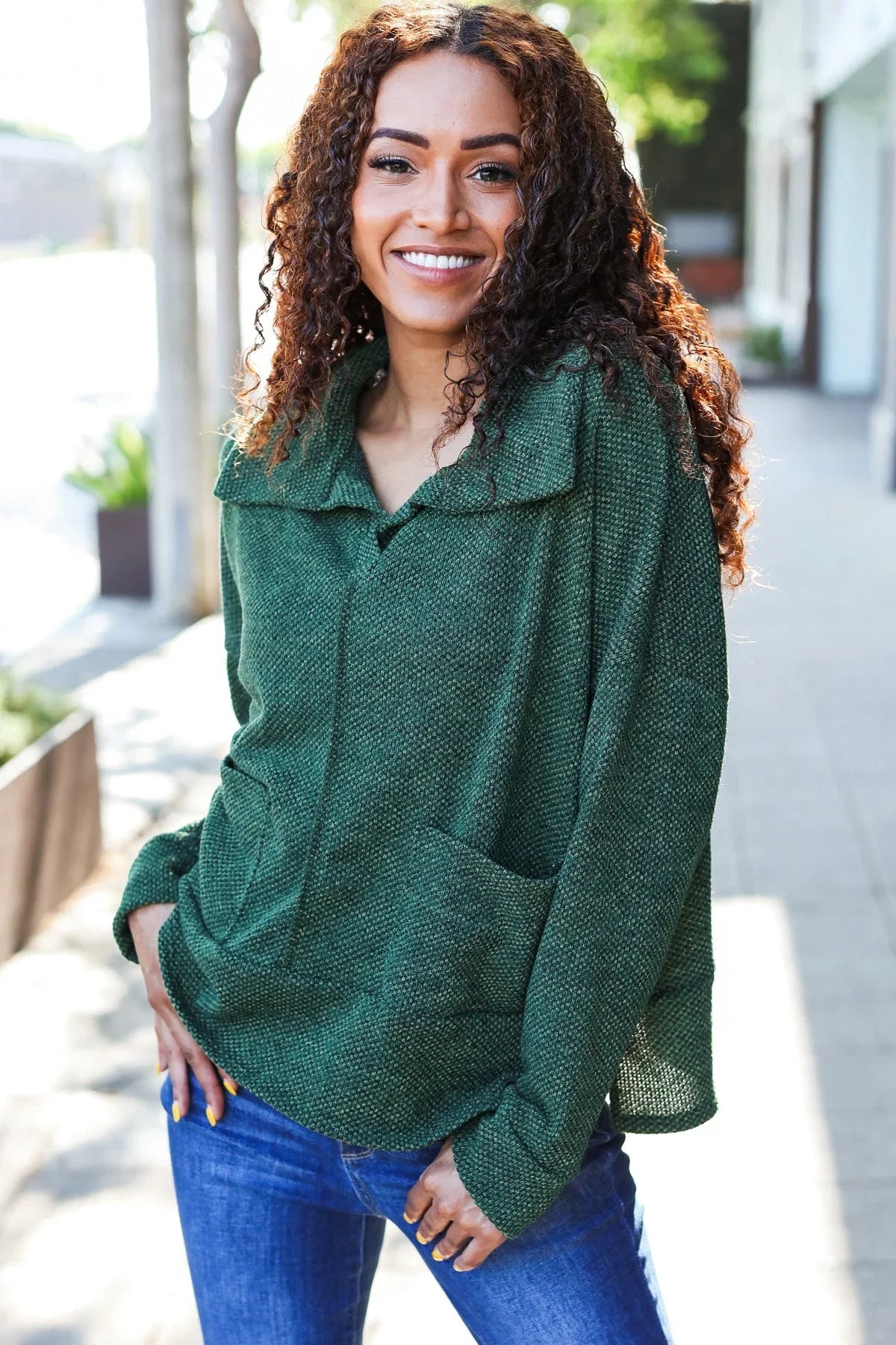 Easy Living Olive Textured Knit Notch Neck Oversized Collar Sweater | Daverri Fashions