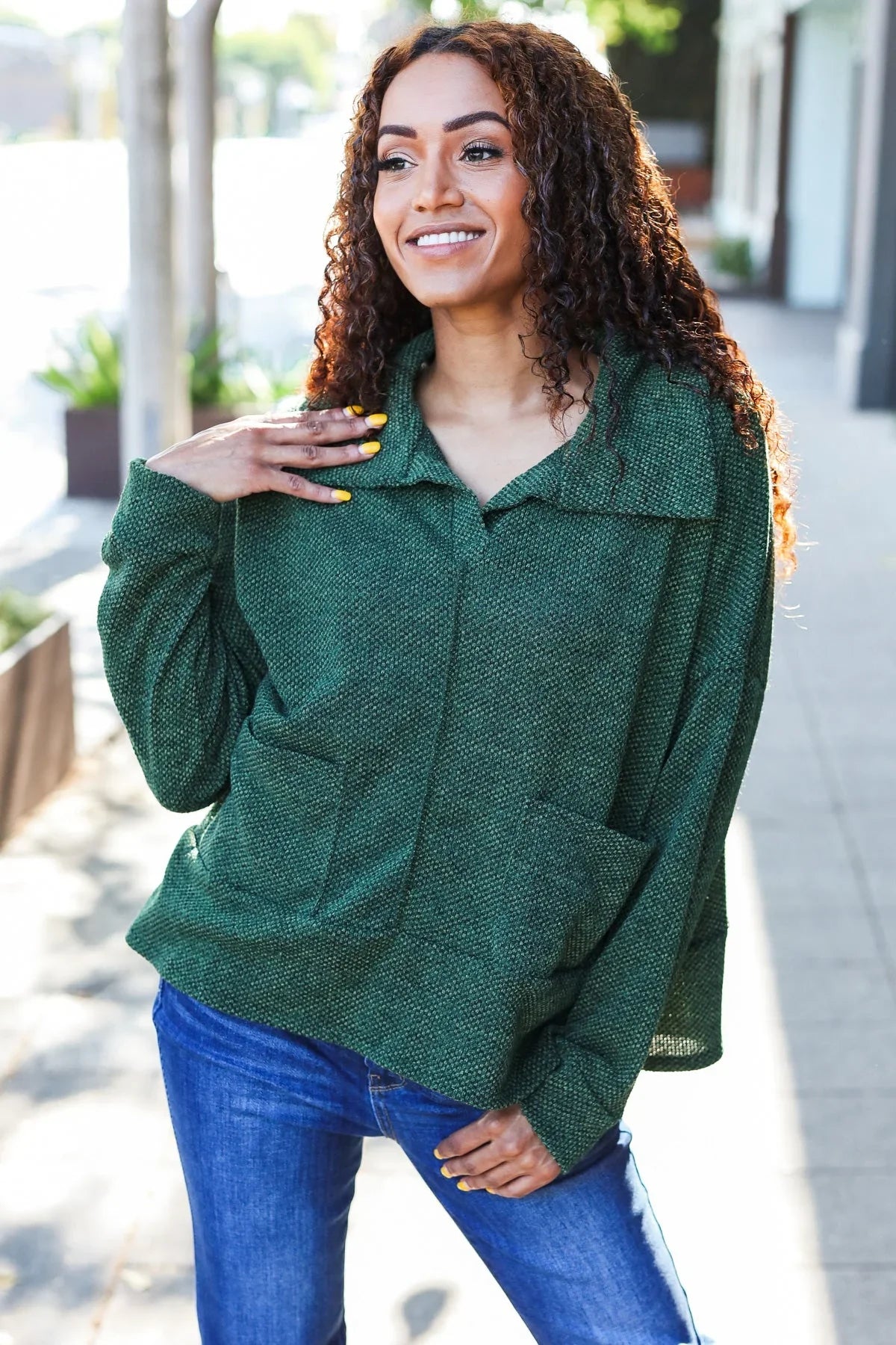 Easy Living Olive Textured Knit Notch Neck Oversized Collar Sweater | Daverri Fashions