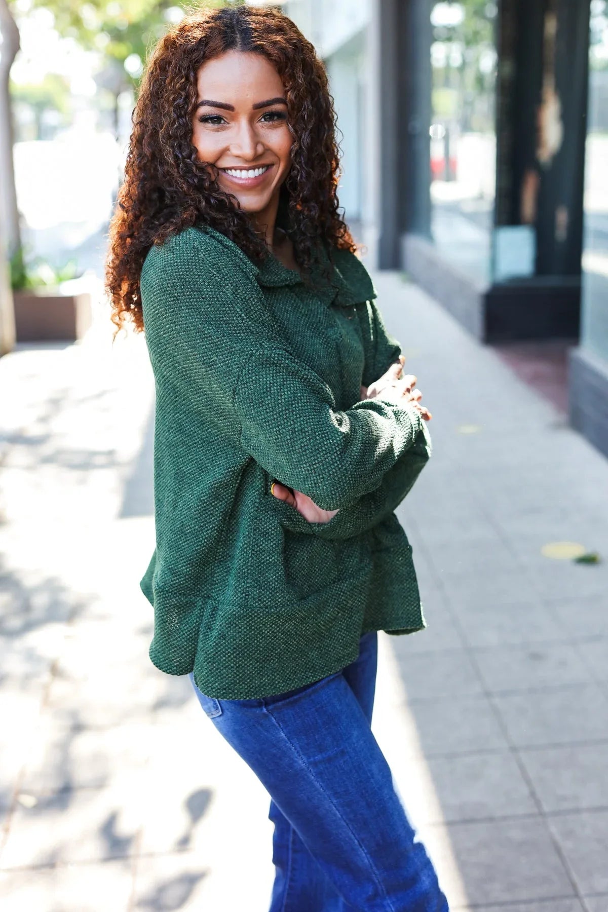 Easy Living Olive Textured Knit Notch Neck Oversized Collar Sweater | Daverri Fashions