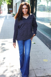 Easy Living Charcoal Textured Knit Notch Neck Oversized Collar Sweater | 2024 Blow-Out Sale Daverri Fashions