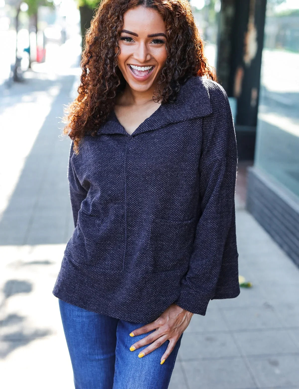 Easy Living Charcoal Textured Knit Notch Neck Oversized Collar Sweater | 2024 Blow-Out Sale Daverri Fashions