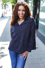 Easy Living Charcoal Textured Knit Notch Neck Oversized Collar Sweater | 2024 Blow-Out Sale Daverri Fashions