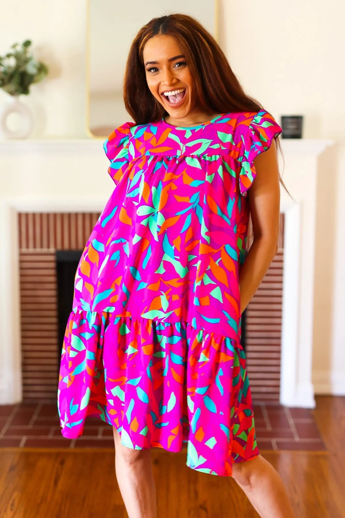 You Got This Purple Abstract Floral Print Tiered Ruffle Sleeve Dress | 2024 Blow-Out Sale Daverri Fashions