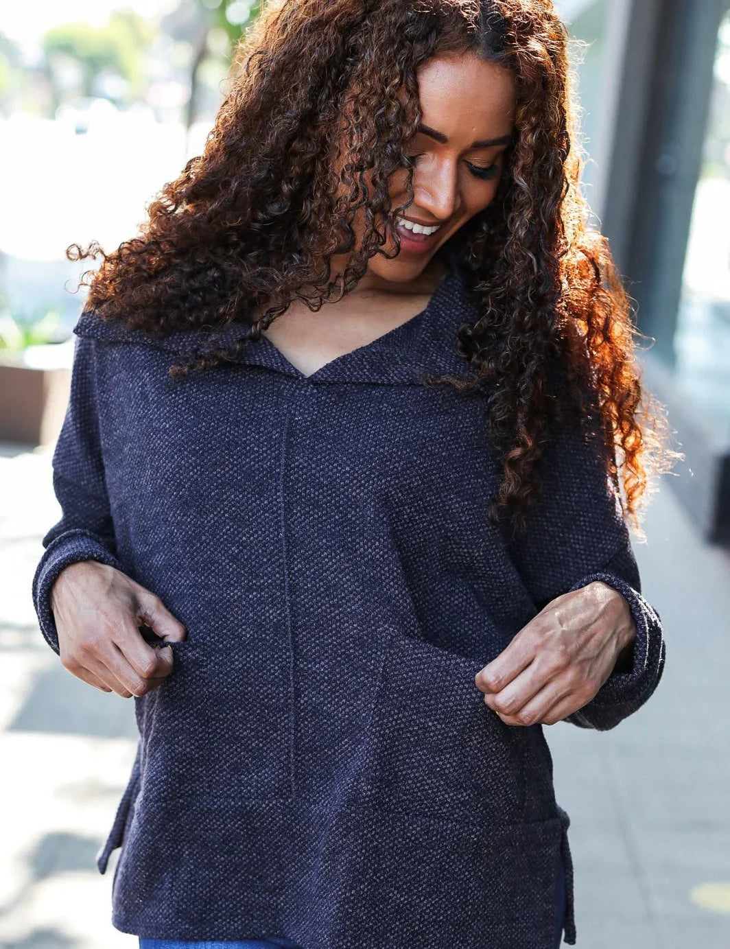 Easy Living Charcoal Textured Knit Notch Neck Oversized Collar Sweater | 2024 Blow-Out Sale Daverri Fashions