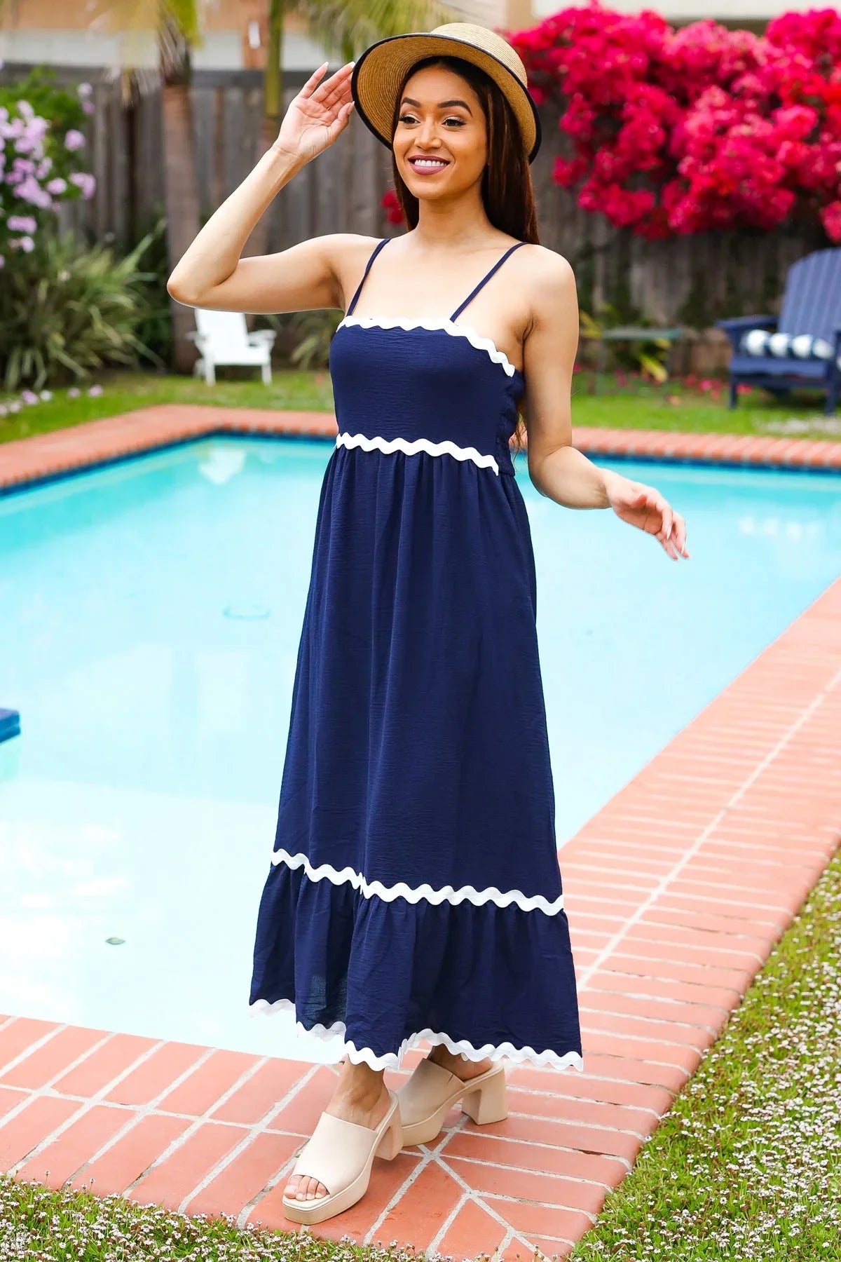 Bold & Sassy Navy Square Neck Ric Rac Trim Adjustable Straps Maxi | Daverri Fashions