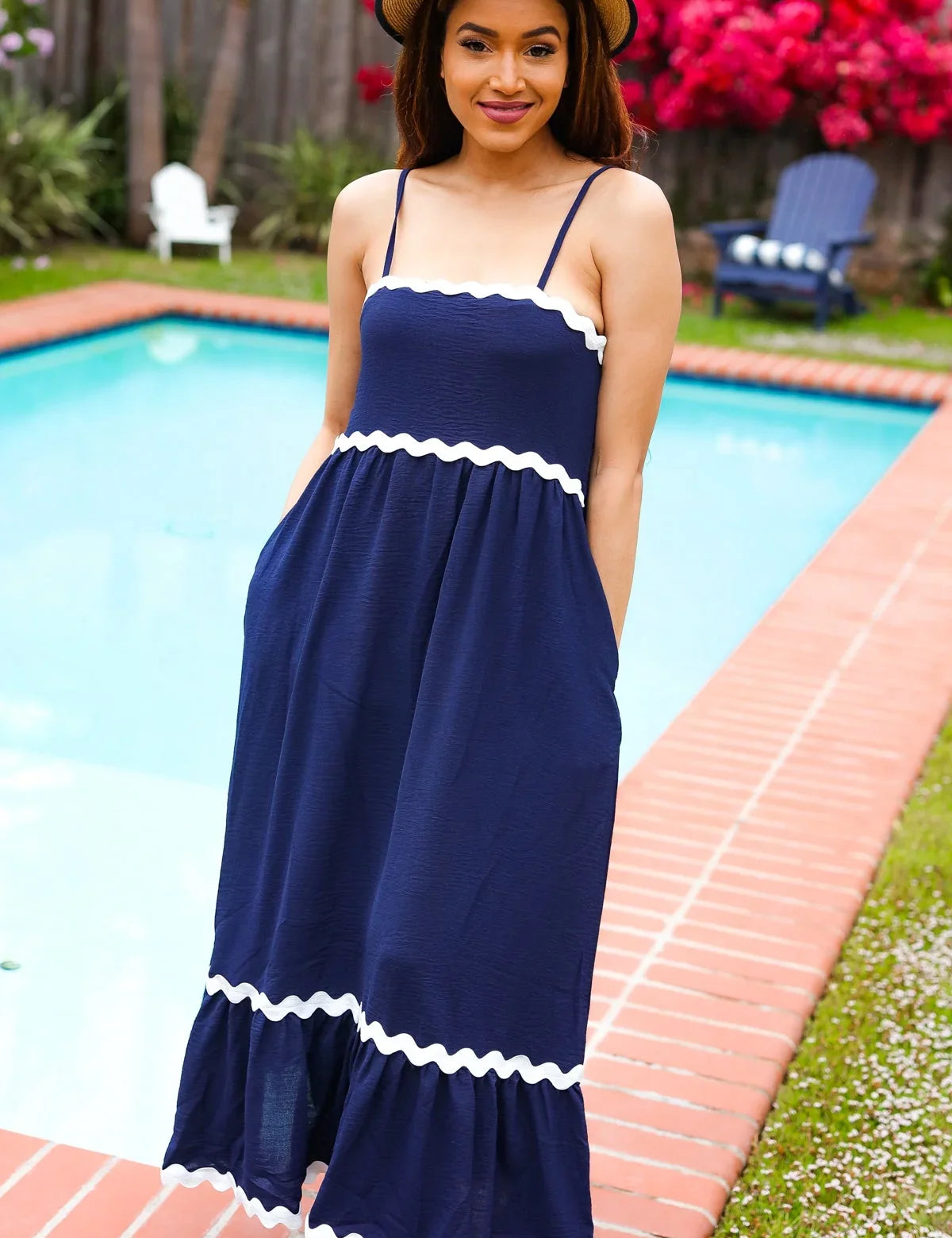 Bold & Sassy Navy Square Neck Ric Rac Trim Adjustable Straps Maxi | Daverri Fashions