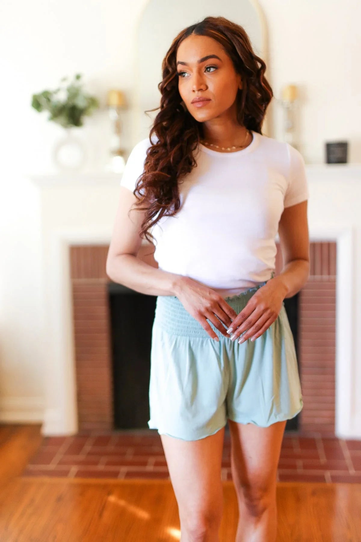 Seafoam Smocked Waist Scalloped Shorts | Daverri Fashions