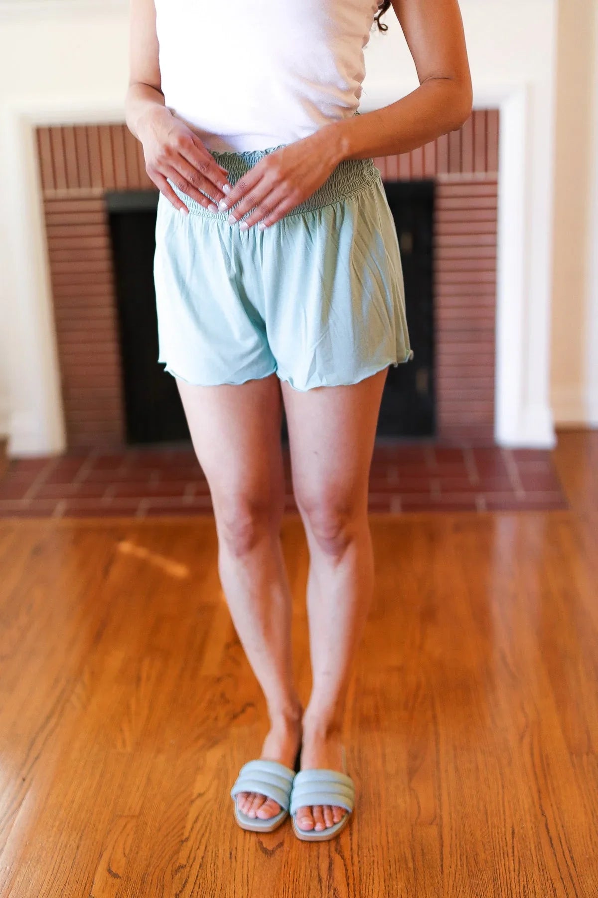 Seafoam Smocked Waist Scalloped Shorts | Daverri Fashions