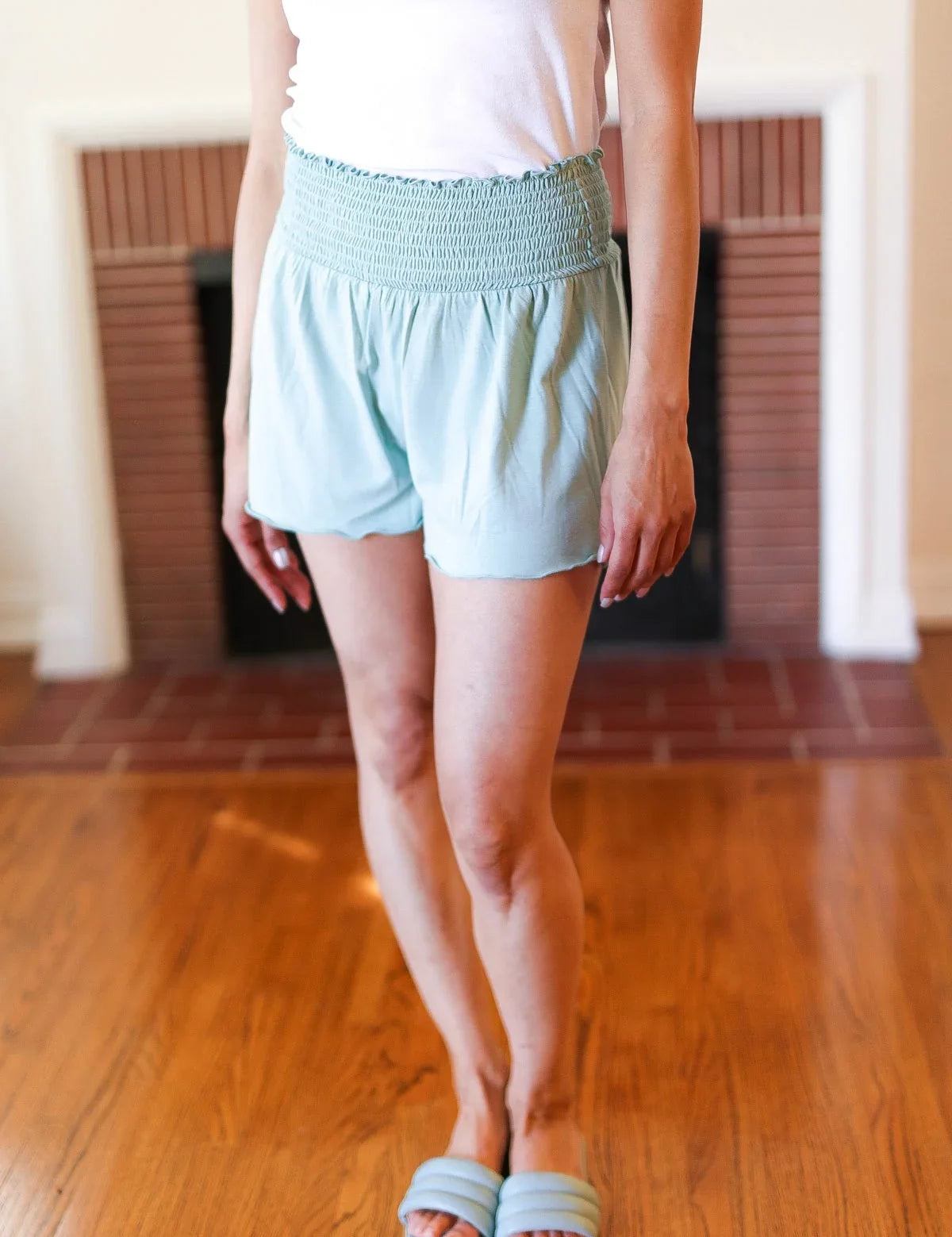 Seafoam Smocked Waist Scalloped Shorts | Daverri Fashions
