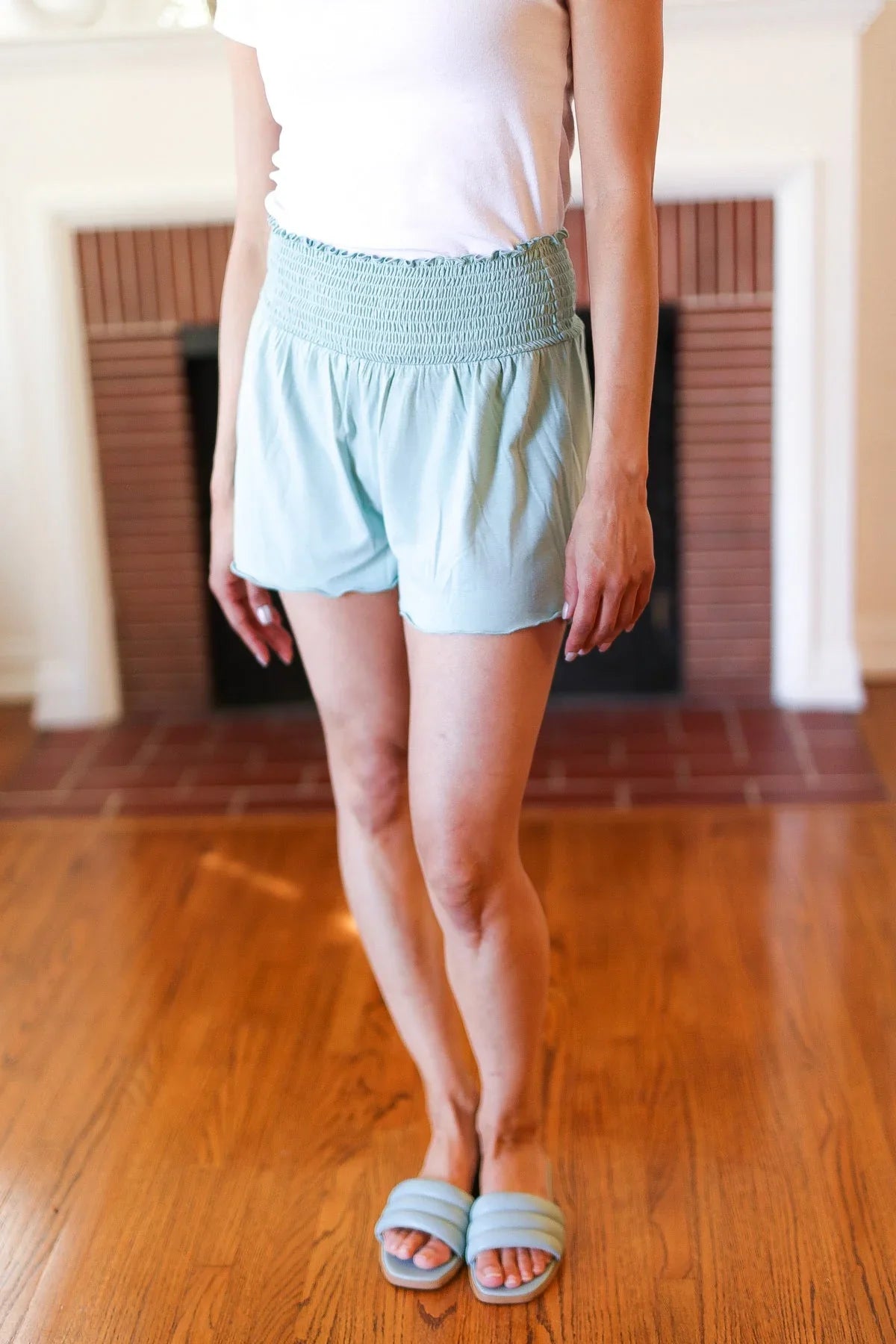 Seafoam Smocked Waist Scalloped Shorts | Daverri Fashions