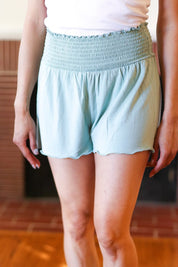 Seafoam Smocked Waist Scalloped Shorts | Daverri Fashions