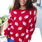 Red football print jacquard knit sweater with white stitched details