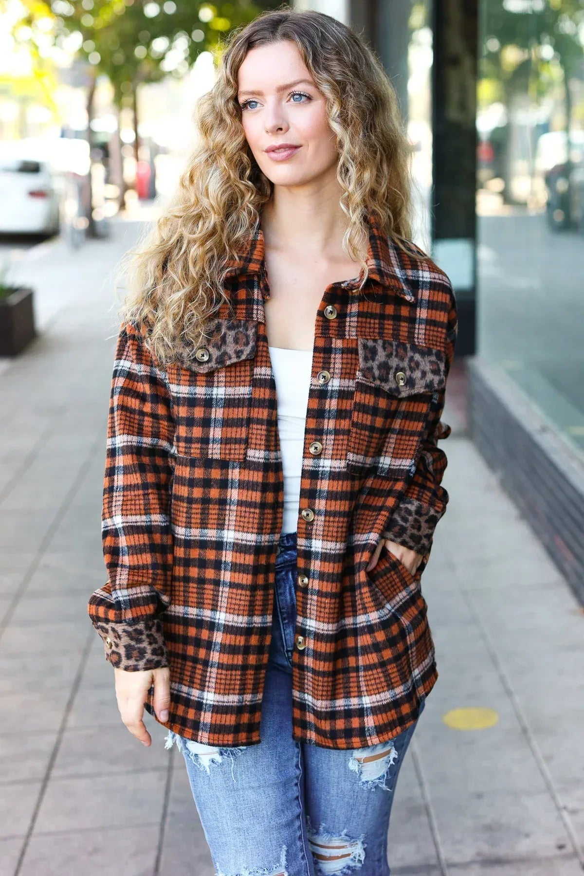 Put Together Rust Plaid & Animal Print Button Down Jacket - DAVERRI FASHIONS