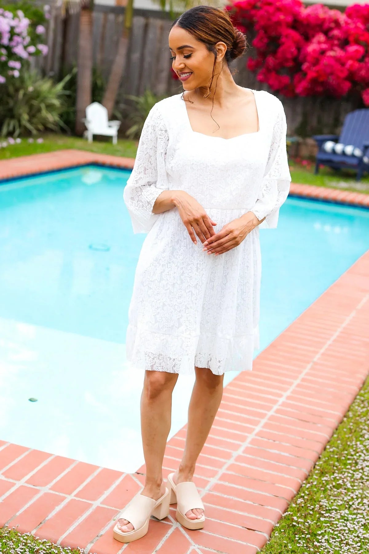 Diva Dreams White Accordion Pleated Lace Square Neck Dress | 07-01-25 Summer Sale Daverri Fashions