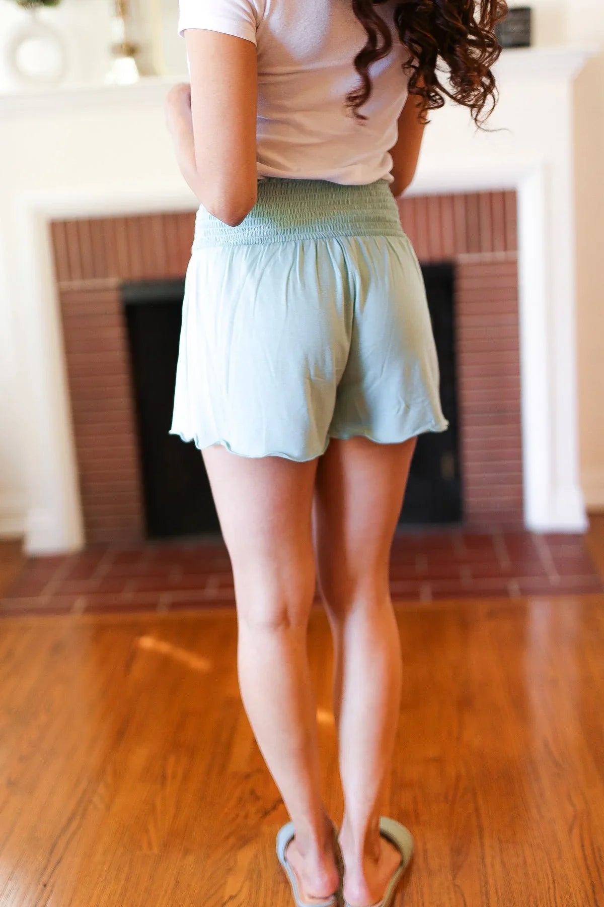 Seafoam Smocked Waist Scalloped Shorts | Daverri Fashions
