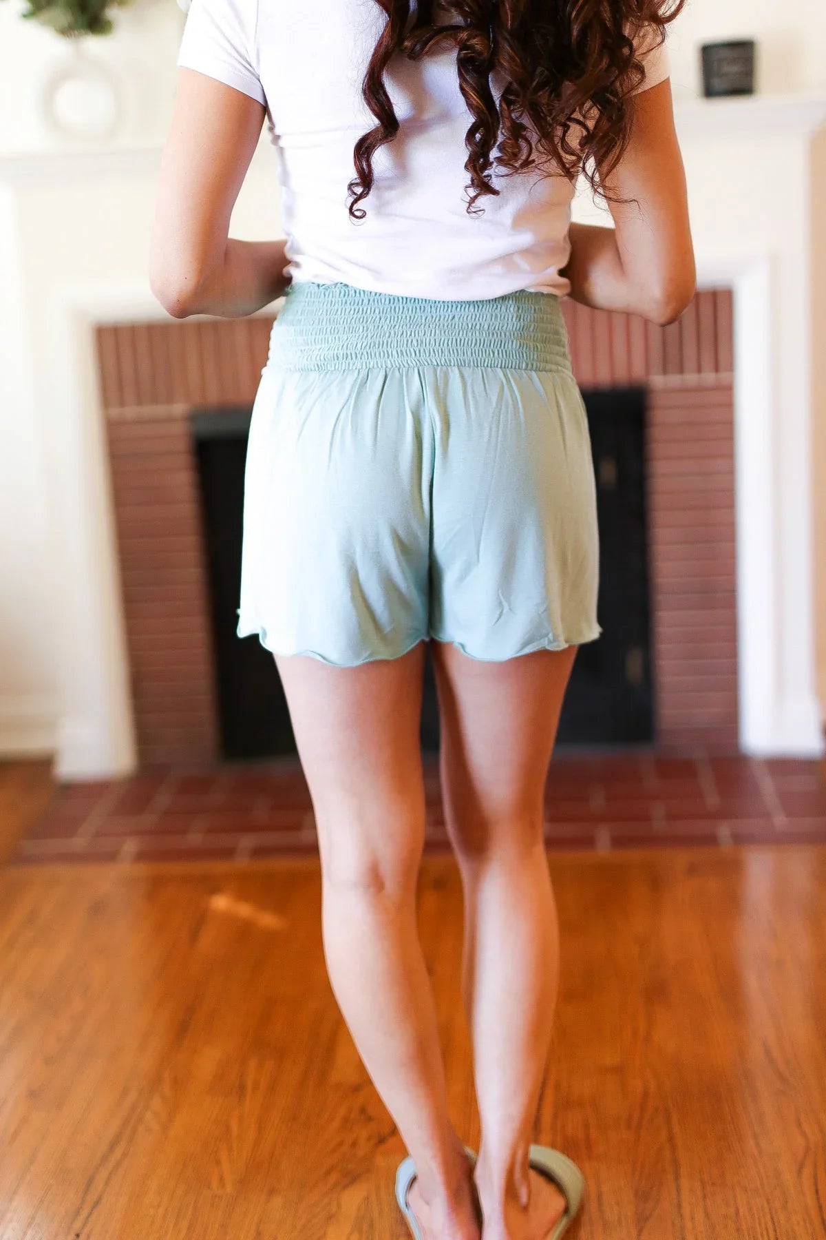 Seafoam Smocked Waist Scalloped Shorts | Daverri Fashions