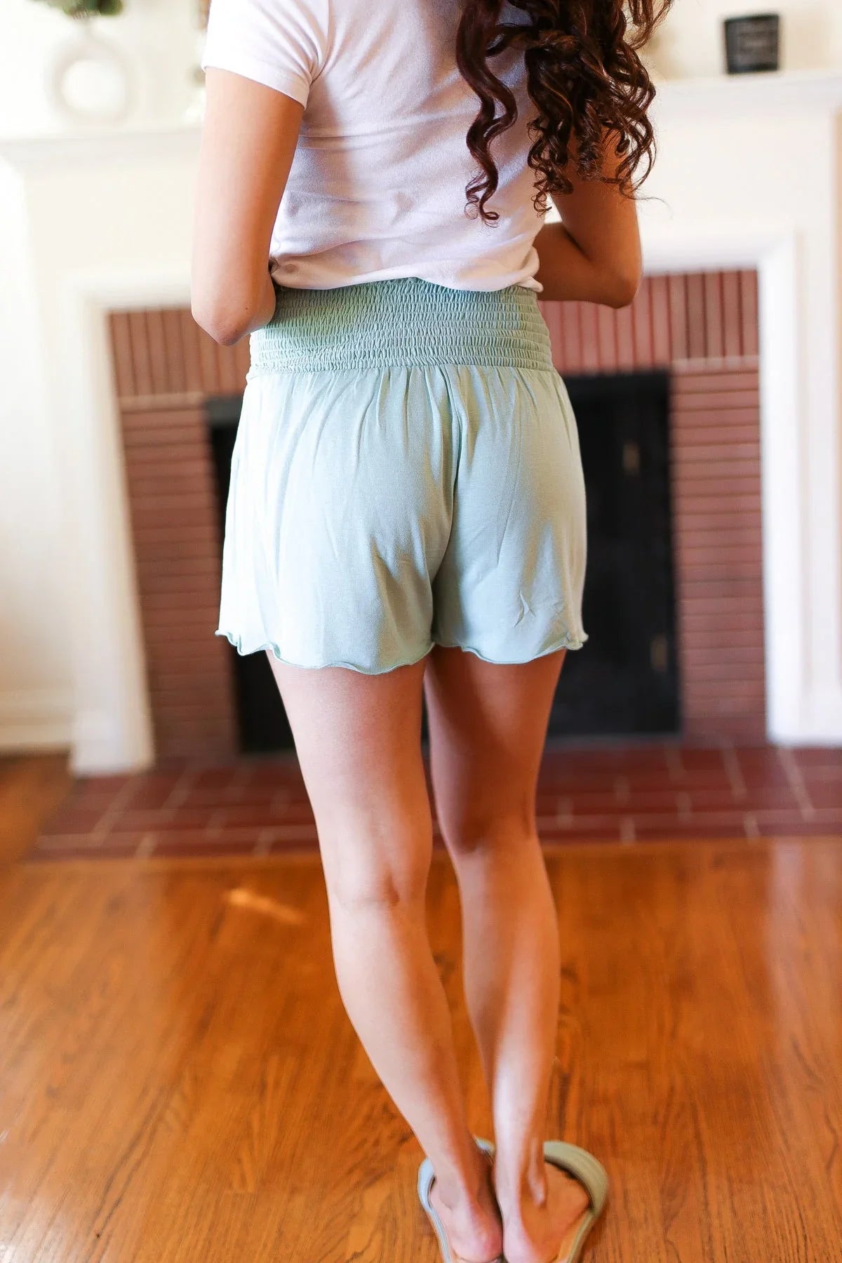 Seafoam Smocked Waist Scalloped Shorts | Daverri Fashions