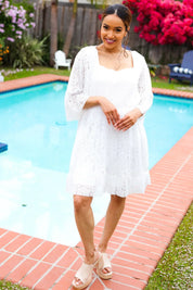 Diva Dreams White Accordion Pleated Lace Square Neck Dress | 07-01-25 Summer Sale Daverri Fashions