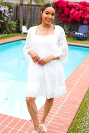 Diva Dreams White Accordion Pleated Lace Square Neck Dress | 07-01-25 Summer Sale Daverri Fashions