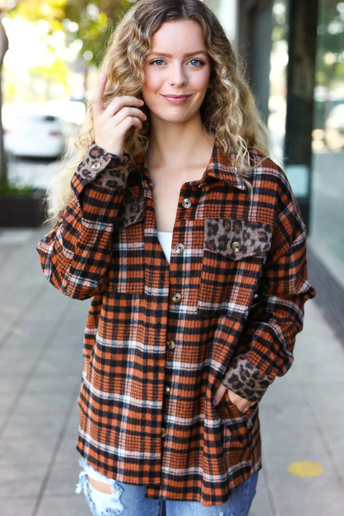 Put Together Rust Plaid & Animal Print Button Down Jacket - DAVERRI FASHIONS