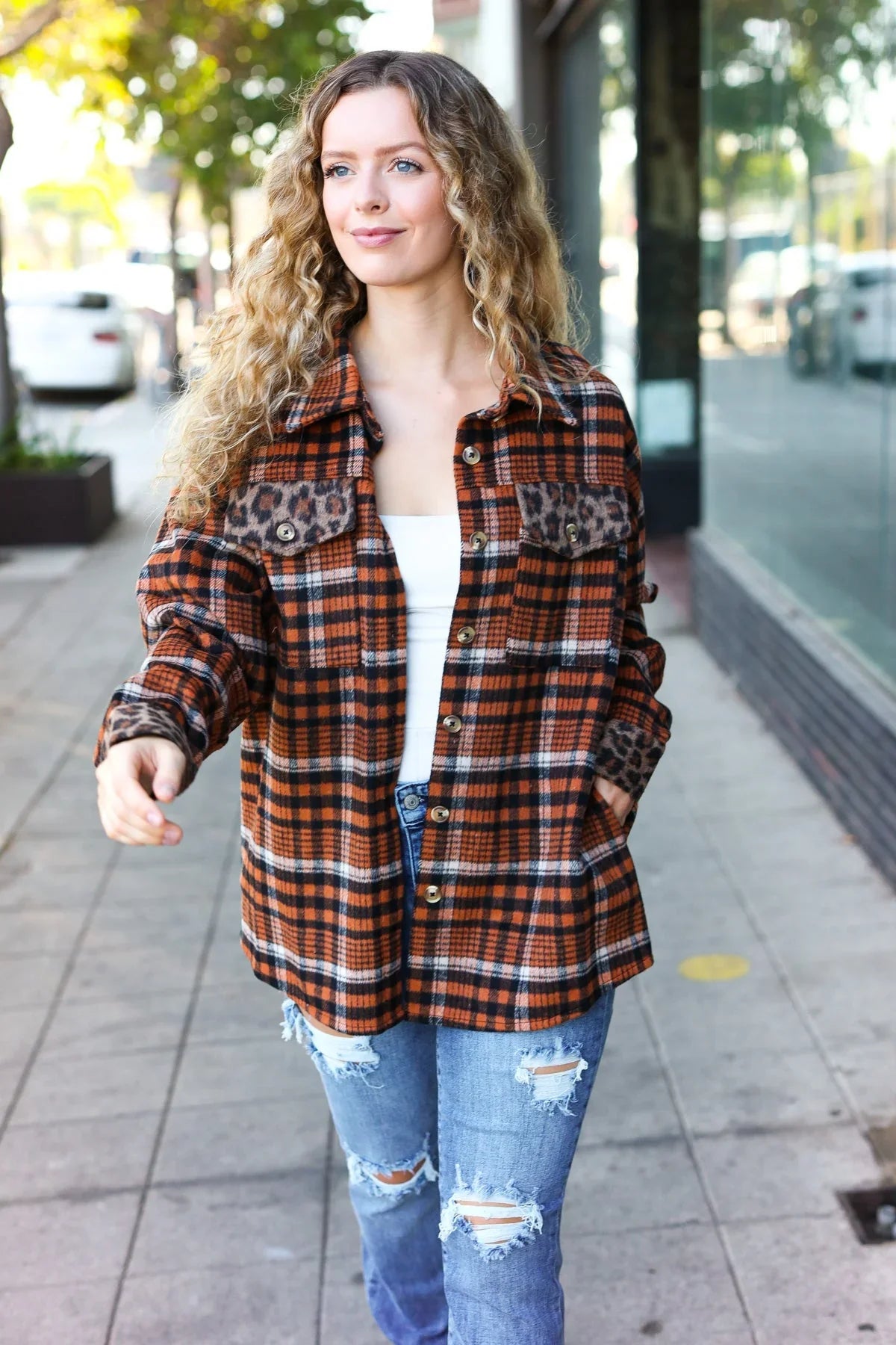 Put Together Rust Plaid & Animal Print Button Down Jacket | Daverri Fashions