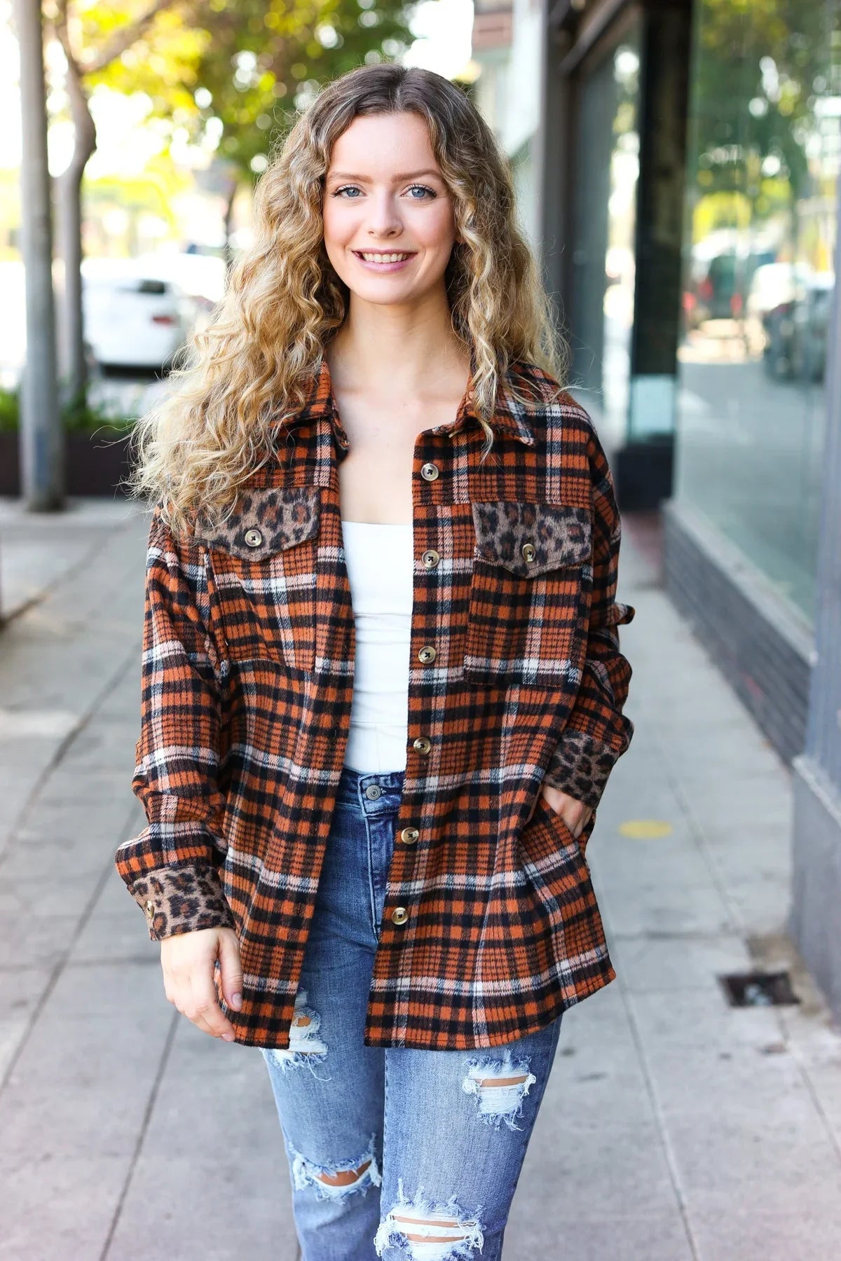 Put Together Rust Plaid & Animal Print Button Down Jacket | Daverri Fashions