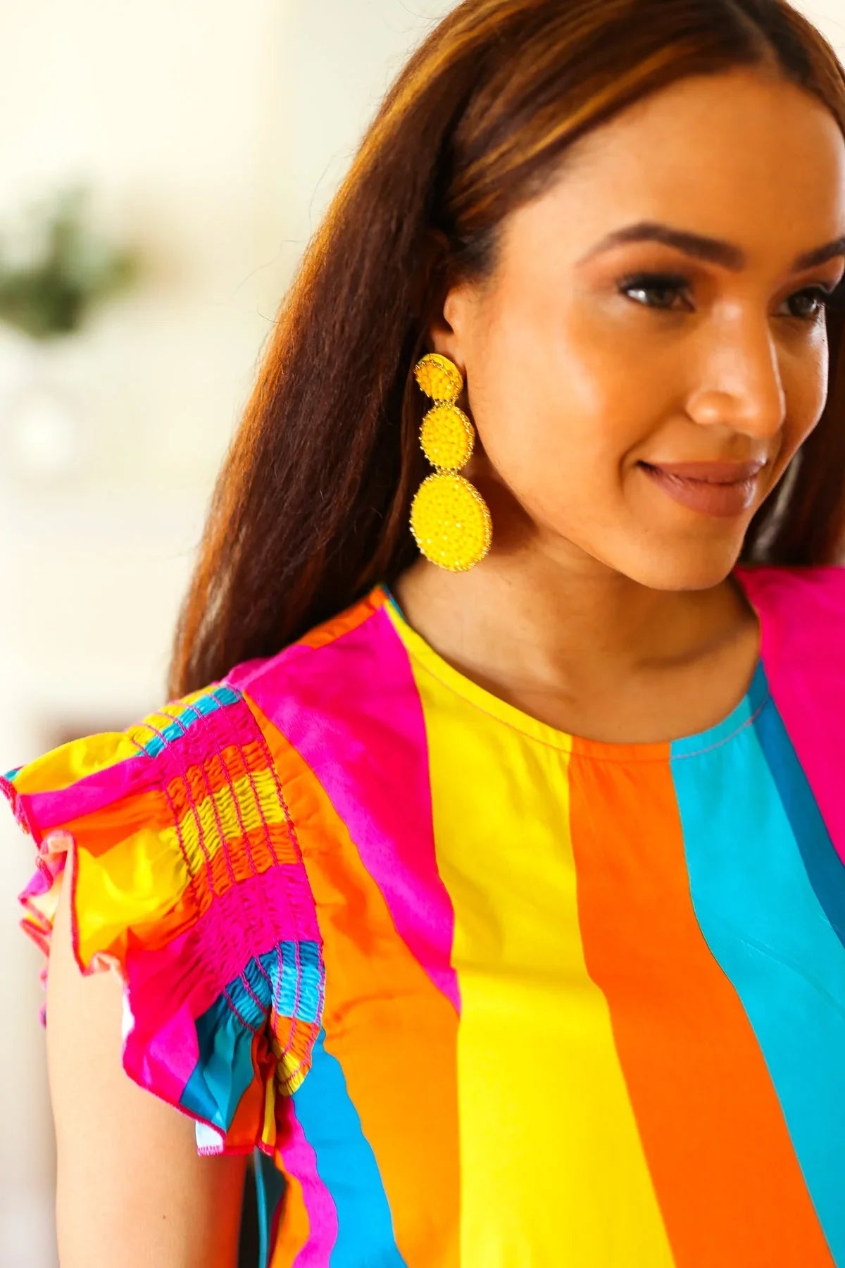 Yellow Beaded Round Pendant Earrings | 07-01-25 Summer Sale Daverri Fashions