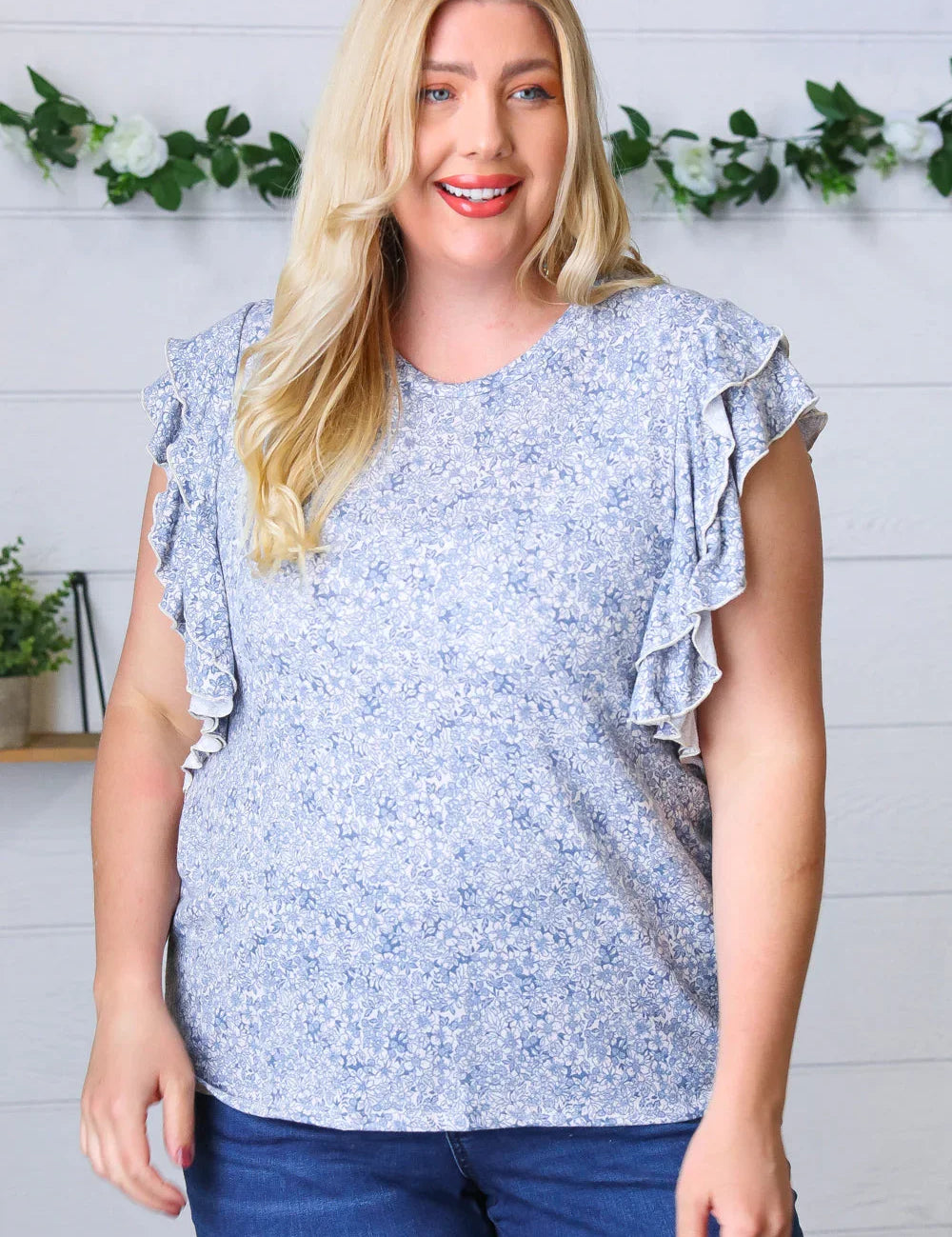 Washed Blue Floral Tiered Flutter Sleeve Top | Daverri Fashions
