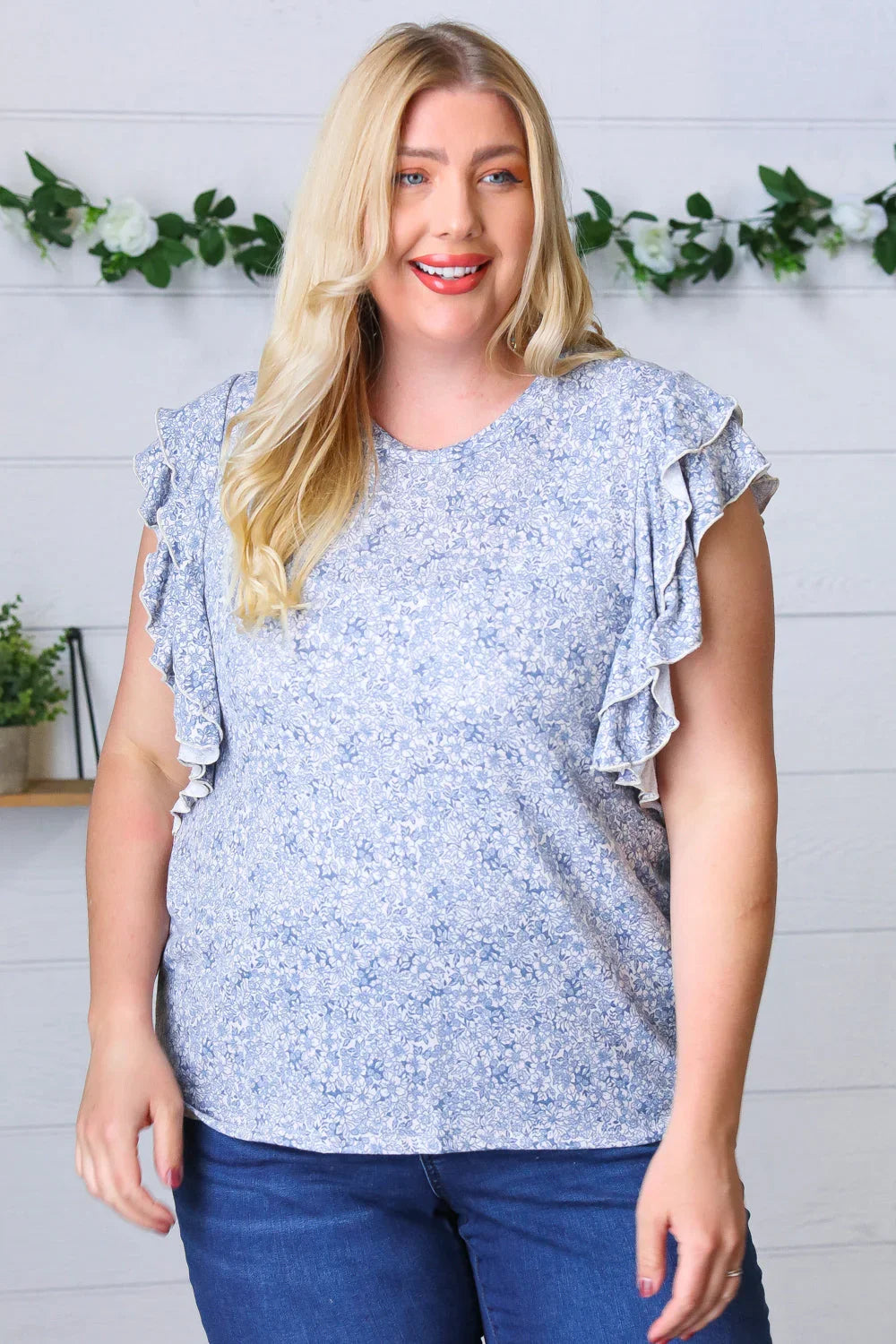 Washed Blue Floral Tiered Flutter Sleeve Top | Daverri Fashions
