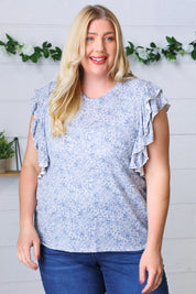 Washed Blue Floral Tiered Flutter Sleeve Top | Daverri Fashions