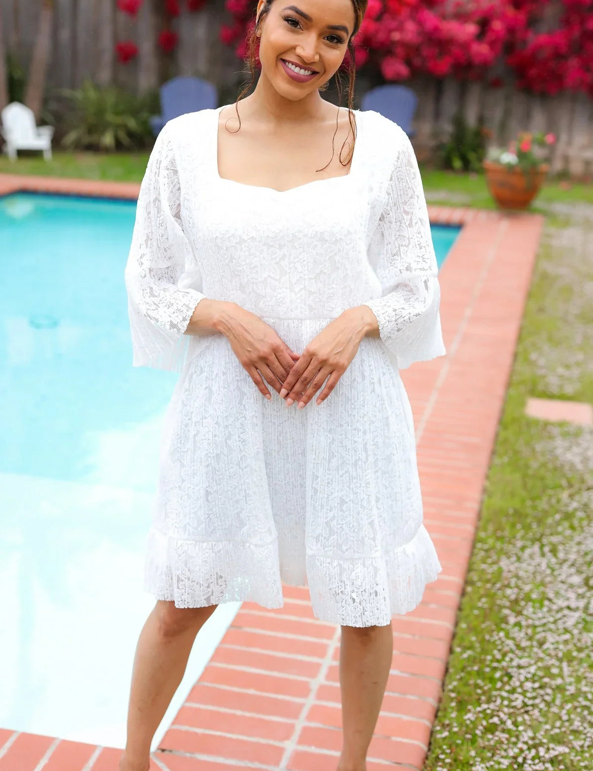 Diva Dreams White Accordion Pleated Lace Square Neck Dress | 07-01-25 Summer Sale Daverri Fashions