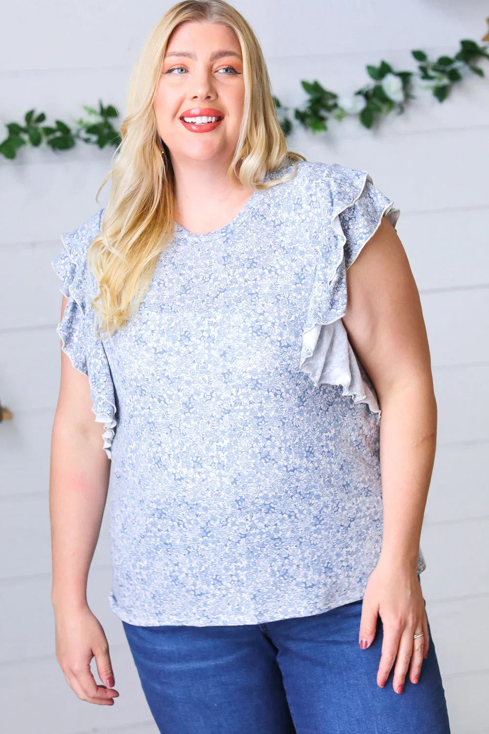 Washed Blue Floral Tiered Flutter Sleeve Top | Daverri Fashions