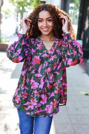 Eyes On You Forest Green Floral Smocked Bubble Sleeve V Neck Top | Daverri Fashions