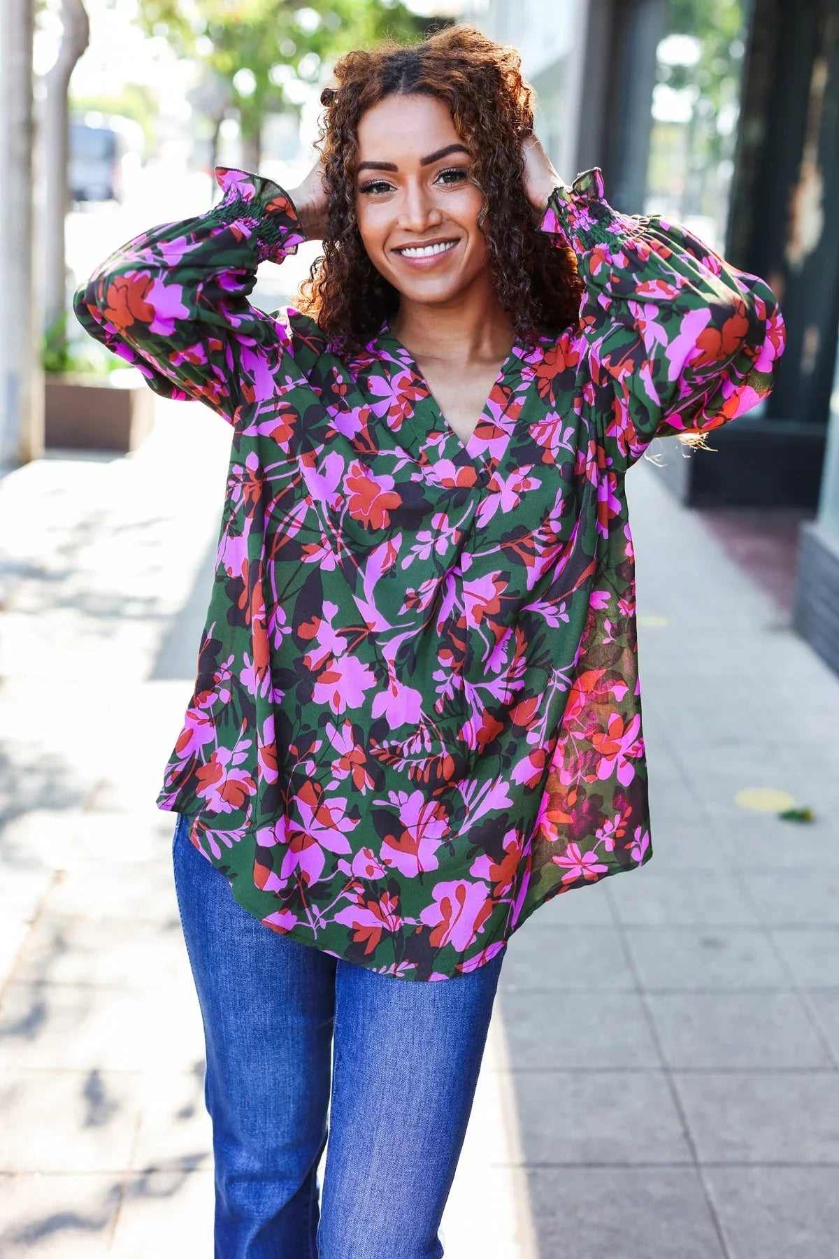 Eyes On You Forest Green Floral Smocked Bubble Sleeve V Neck Top | Daverri Fashions