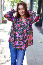 Eyes On You Forest Green Floral Smocked Bubble Sleeve V Neck Top | Daverri Fashions