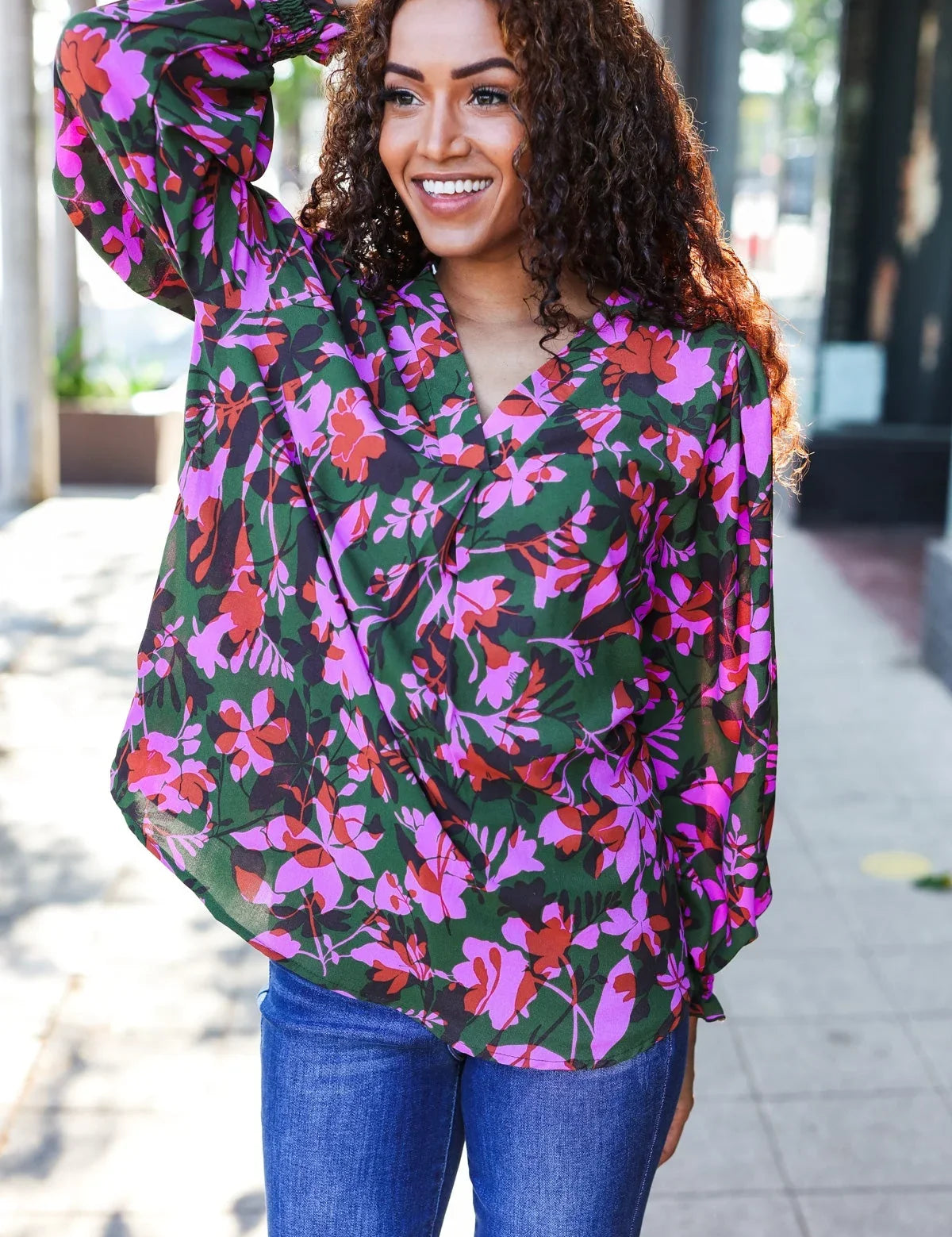 Eyes On You Forest Green Floral Smocked Bubble Sleeve V Neck Top | Daverri Fashions