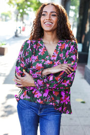 Eyes On You Forest Green Floral Smocked Bubble Sleeve V Neck Top | Daverri Fashions