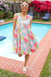 Hello Beautiful Peach & Sage Patchwork Babydoll Swing Dress | Daverri Fashions