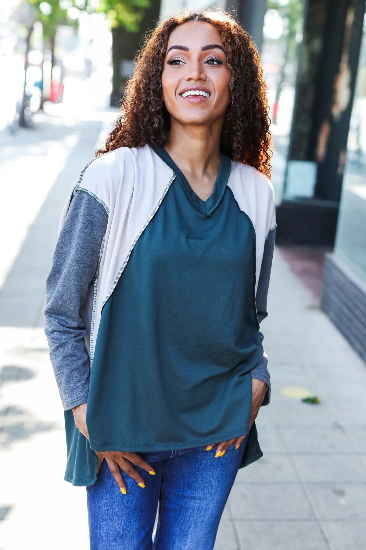 Stand Out Hunter Green V Neck Raglan Color Block Outseam Top | Daverri Fashions