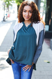 Stand Out Hunter Green V Neck Raglan Color Block Outseam Top | Daverri Fashions