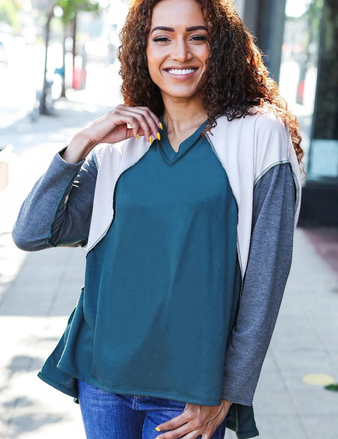 Stand Out Hunter Green V Neck Raglan Color Block Outseam Top | Daverri Fashions