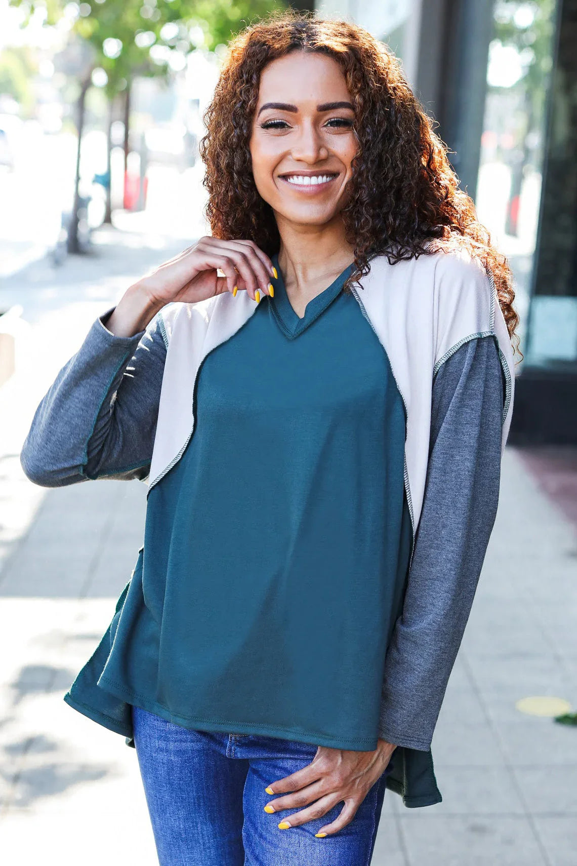 Stand Out Hunter Green V Neck Raglan Color Block Outseam Top | Daverri Fashions