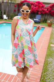 Hello Beautiful Peach & Sage Patchwork Babydoll Swing Dress | Daverri Fashions