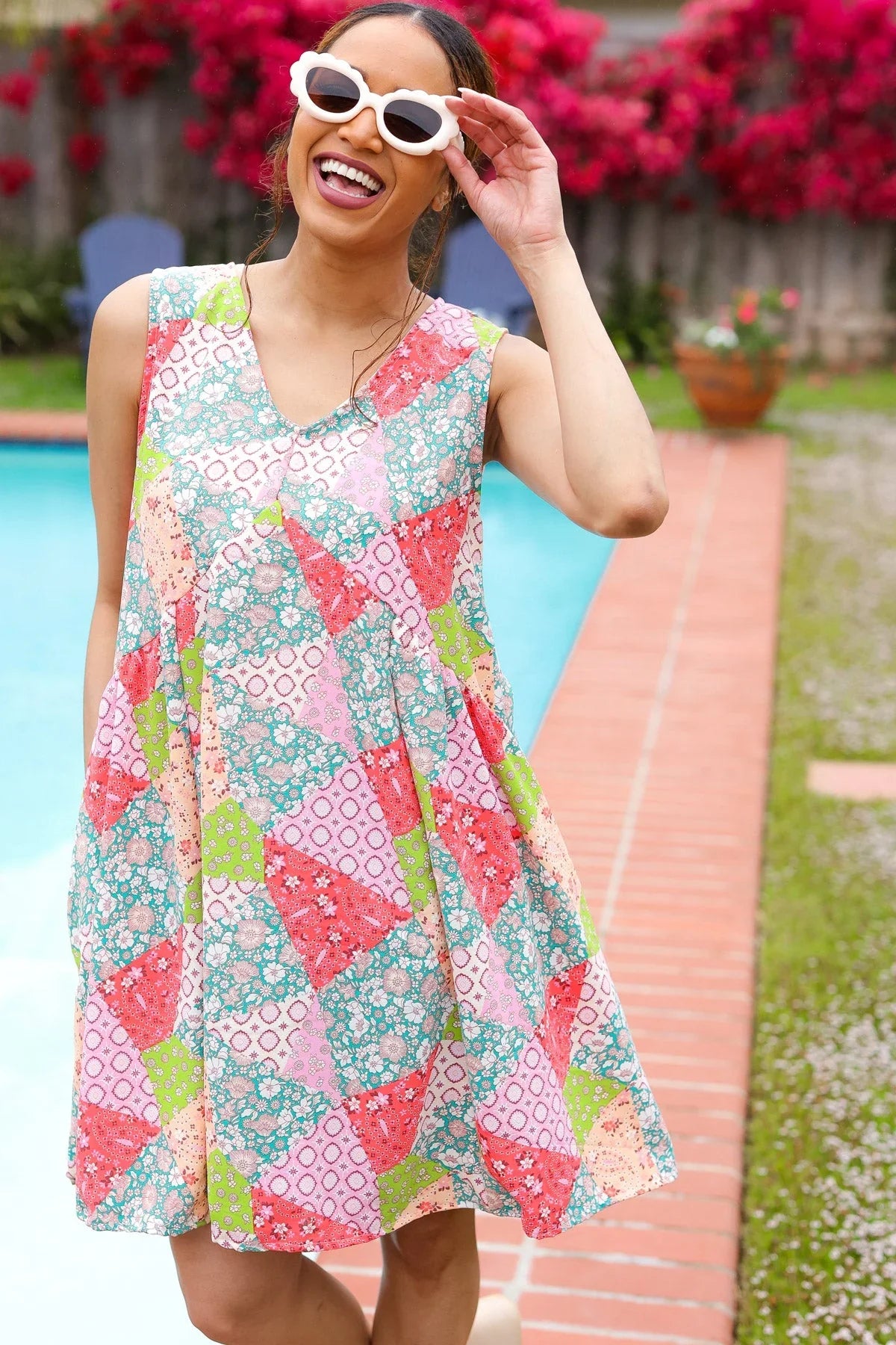 Hello Beautiful Peach & Sage Patchwork Babydoll Swing Dress | Daverri Fashions