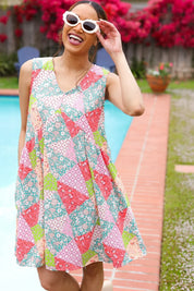 Hello Beautiful Peach & Sage Patchwork Babydoll Swing Dress | Daverri Fashions